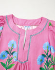 Floral Short Sleeve Split Neck Mini Dress