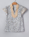 Leopard Colorblock Patchwork V-Neck Cap Sleeve Blouse