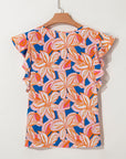 Flower Notch Neck Ruffle Sleeve Blouse