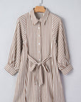 Stripe Tie Waist Puff Sleeve Mini Shirt Dress