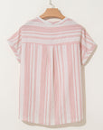 Stripe Half Buttoned Short Sleeve Blouse