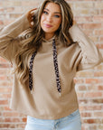 Ribbed Knit Leopard & Lace Drawstring Hoodie