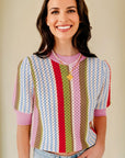 Stripe Pointelle Knit 3/4 Sleeve Sweater