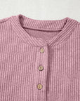 Solid Ribbed Knit Drop Shoulder Henley Top