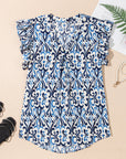 Abstract Boho V-Neck Pintuck Ruffle Sleeve Top