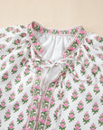 Floral Bubble Sleeve Tie Neck Ruffle Hem Dress