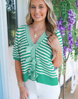 Stripe Bow Tie V-Neck Short Sleeve Sweater