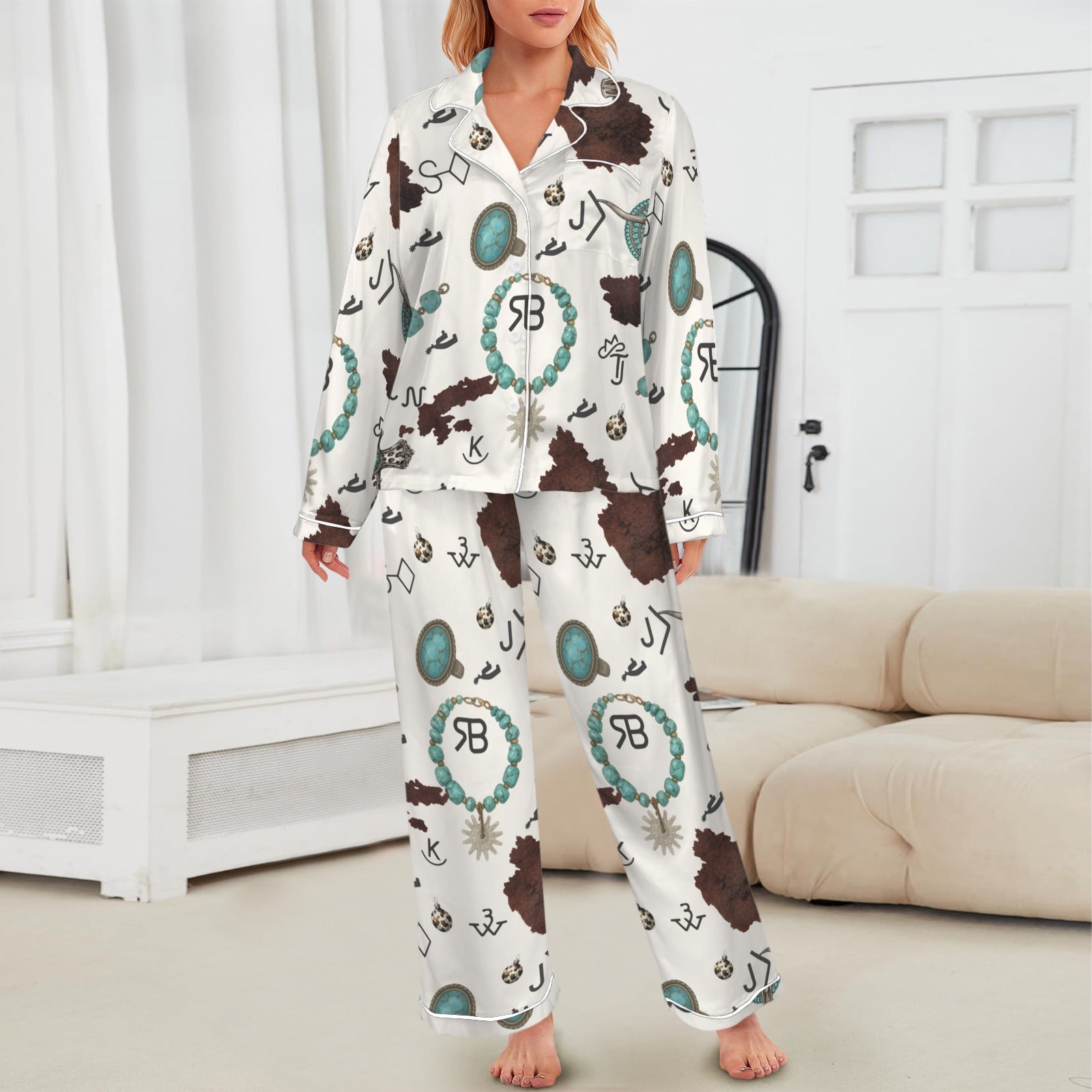 Baha Ranch Brands &amp; Turquoise Cowgirl Christmas Western Cowprint Satin Pajamas