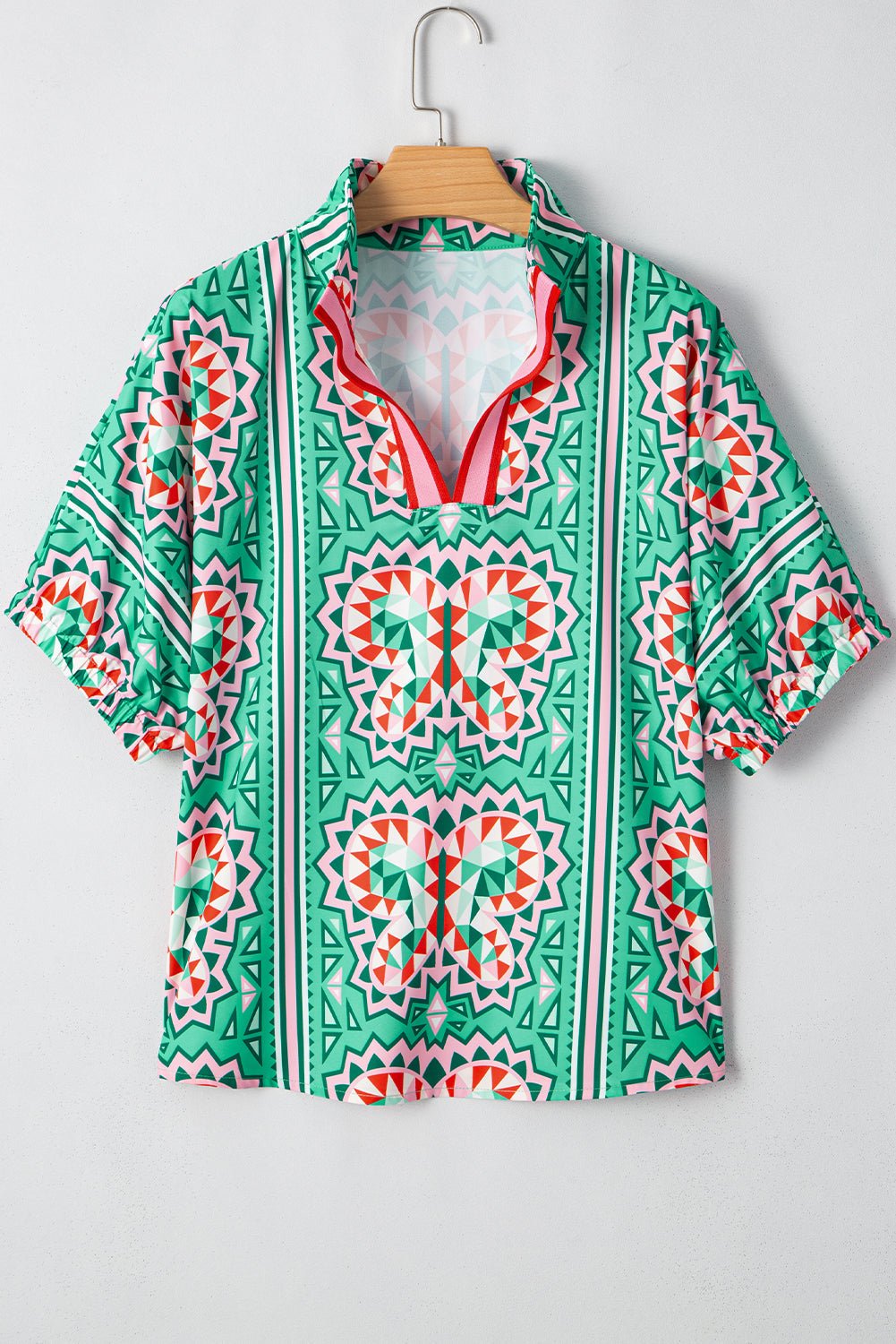 Boho Abstract Contrast Stripe Collared V-Neck Blouse