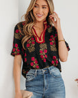 Floral Contrast Slit V-Neck Short Bubble Sleeve Blouse