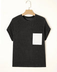 Colorblock Corded Knit Pocketed Crew Neck T-Shirt