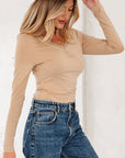 Lace Trim Ruched V-Neck Long Sleeve Top