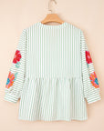Floral Stripe Puff Sleeve Notched V-Neck Blouse