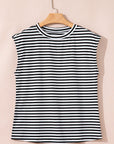 Stripe Ribbed Cap Sleeve Round Neck T-Shirt
