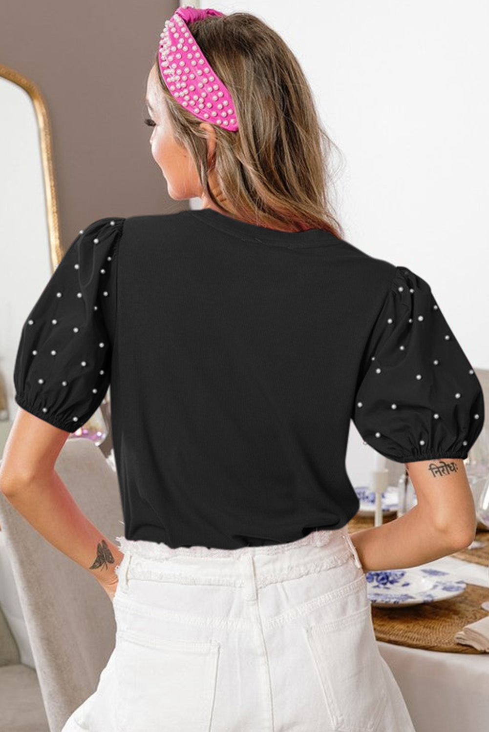 Pearl Beaded Puff Sleeve Ribbed Top