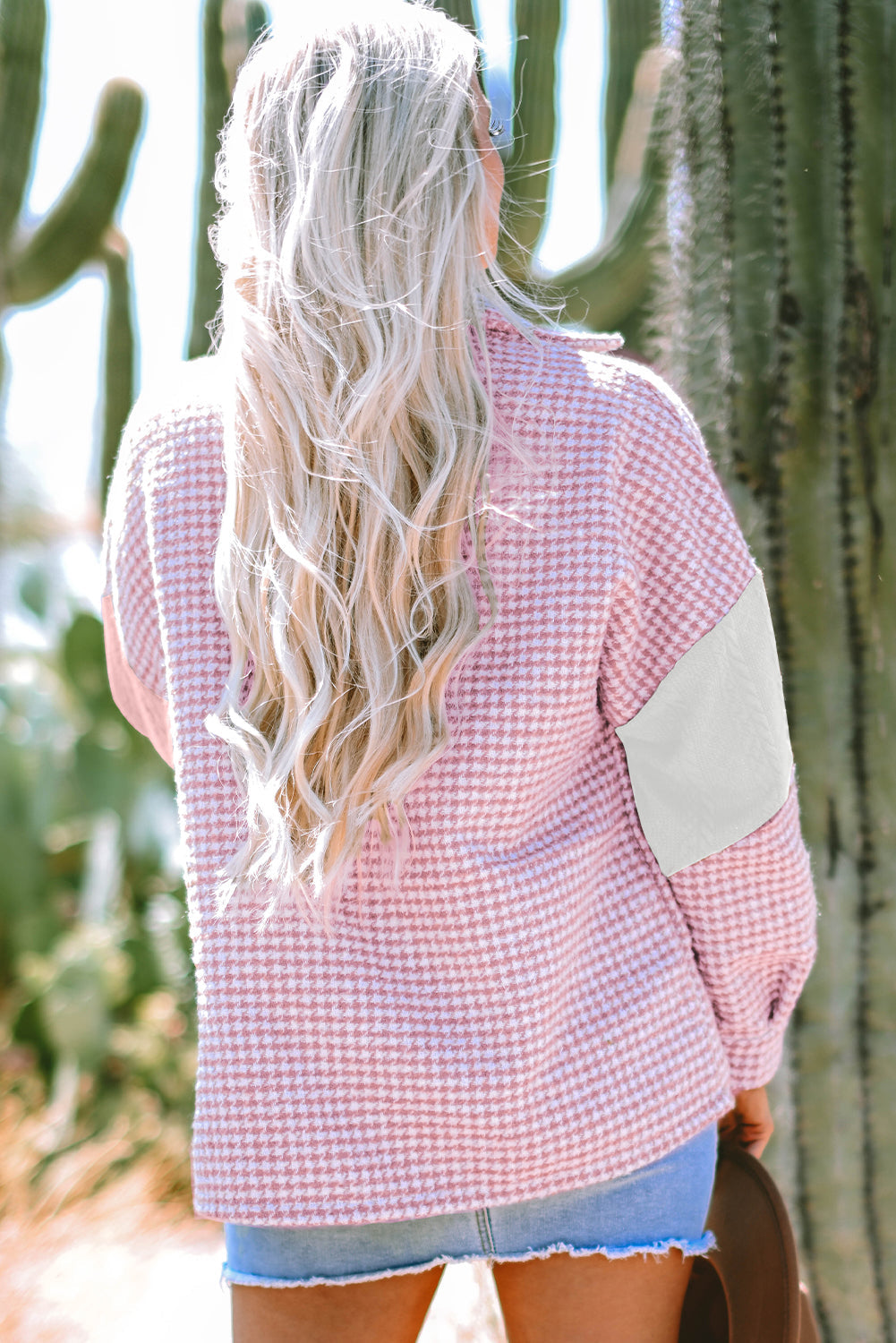 Houndstooth Colorblock Textured Patchwork Shacket