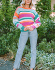 Stripe Knit Drop Shoulder Puff Sleeve Sweater