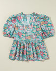 Floral Notched Neck Puff Short Sleeve Blouse