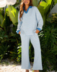 Stripe Collared Top and Drawstring Pants Set