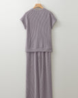 Solid Corded Short Sleeve T Shirt And Wide Leg Pants Set