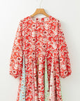 Floral Patchwork Long Sleeve Pleated Mini Dress