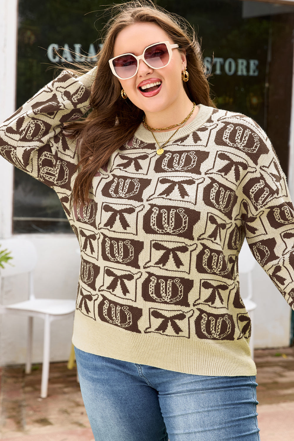 Plus Size Western Bows &amp; Horseshoes Long Sleeve Sweater