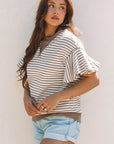 Stripe Contrast Detail Ruffle Short Sleeve Top