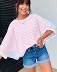 Stripe Oversize Dolman Sleeve Patchwork T-Shirt