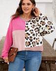 Plus Size Leopard Corded Knit Patchwork Long Sleeve Top