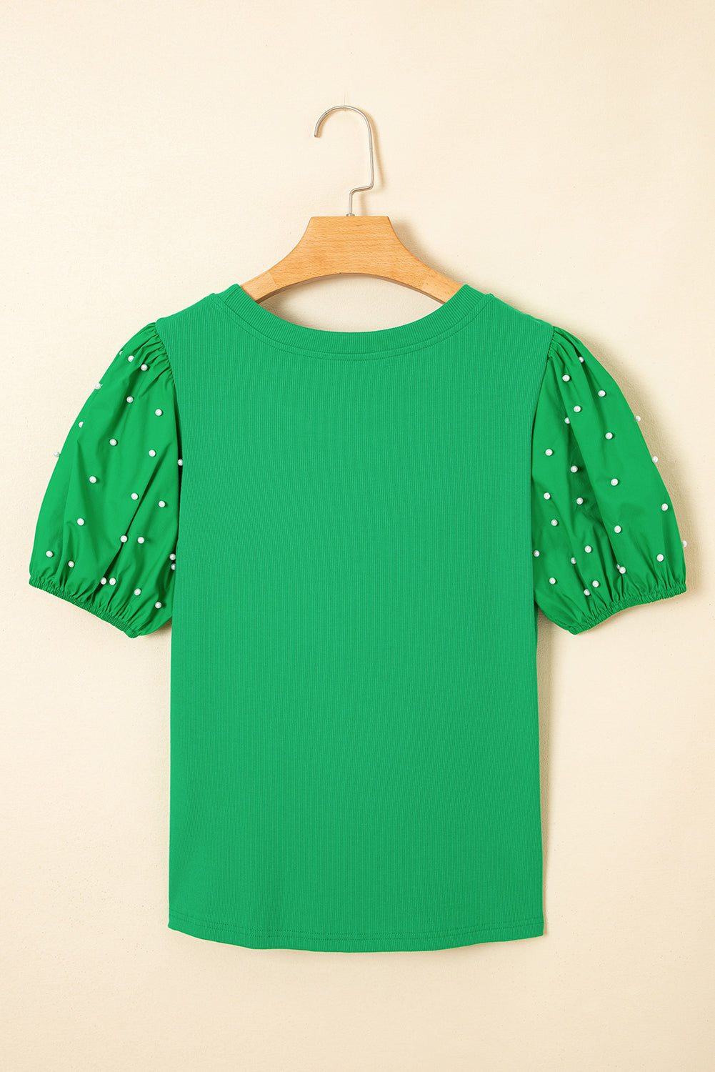 Pearl Beaded Puff Sleeve Ribbed Top