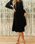 Olivia Velvet Buttoned Puff Sleeve V Neck Split Midi Dress
