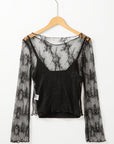 Lace Mesh Crochet Long Sleeve Blouse