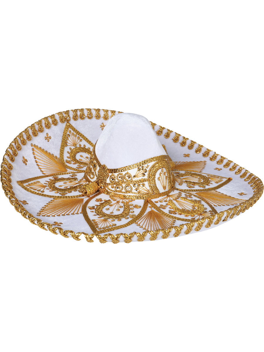 Mexican Charro Hat Velvet in White/Gold