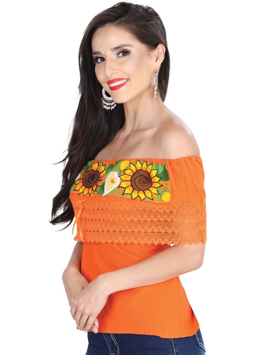 Artisanal Embroidered Blouse 50% Cotton, 50% Polyester in Orange