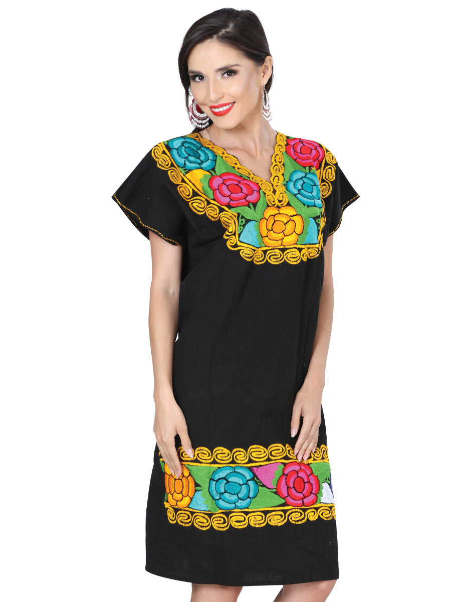 Mexican Artisanal Embroidered Dress 100% Cotton in Black