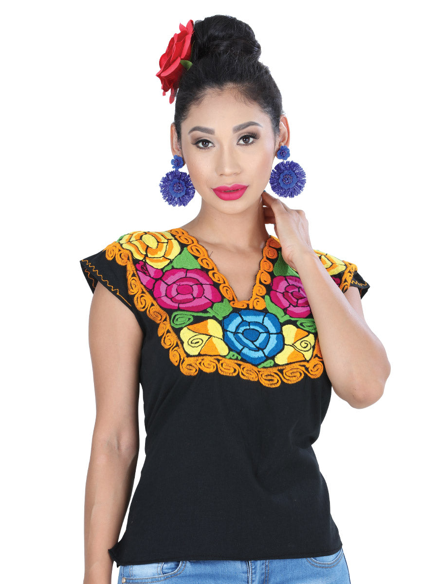 Artisanal Embroidered Blouse 100% Cotton in Black/Orange