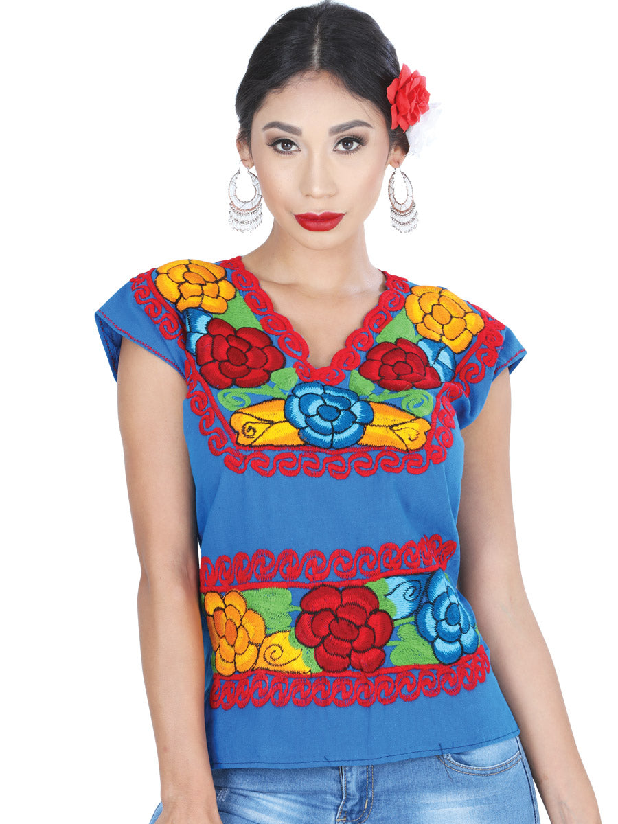 Artisanal Embroidered Blouse 100% Cotton in Blue