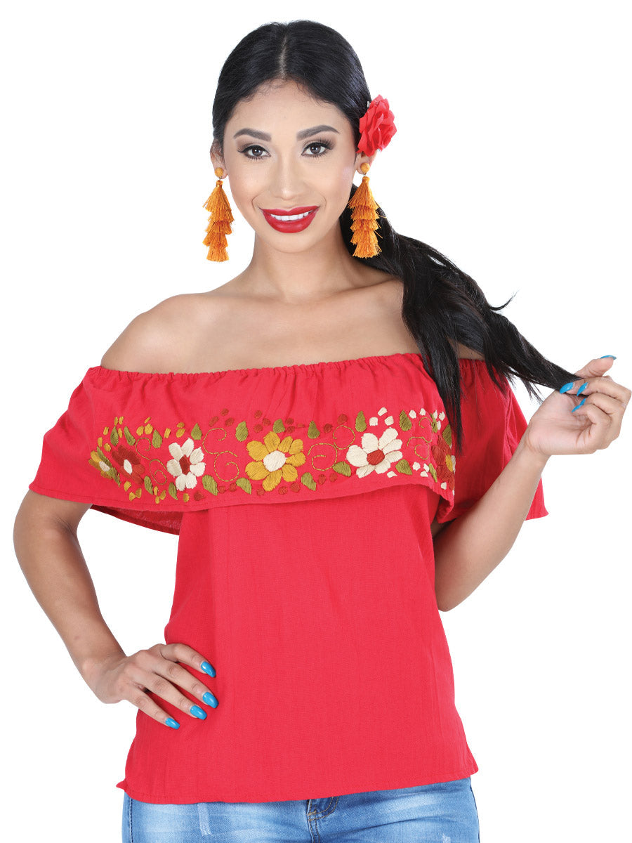 Artisanal Embroidered Blouse 50% Cotton, 50% Polyester in Red