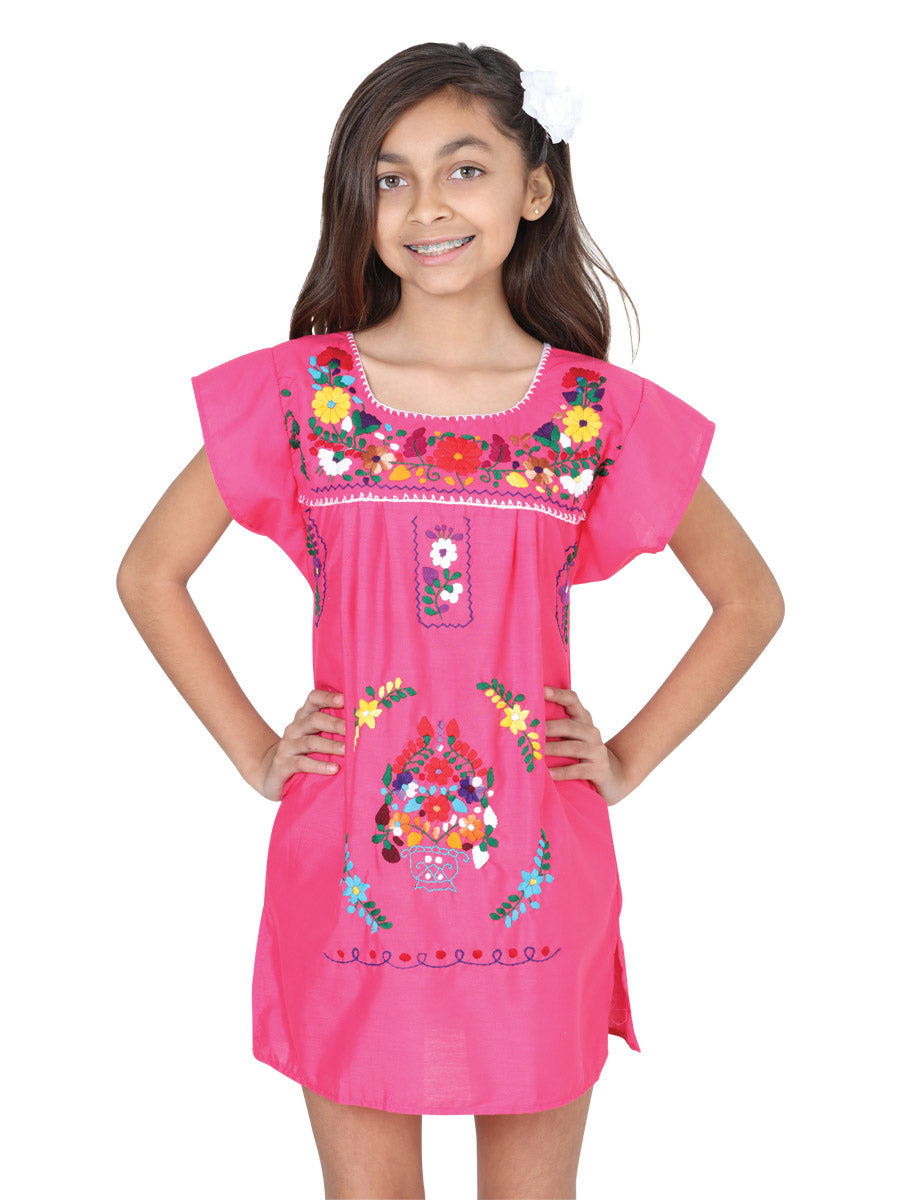Artisanal Embroidered Dress — 50% Cotton, 50% Polyester in Pink