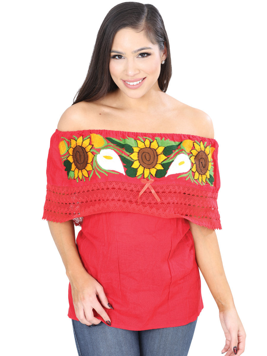 Artisanal Embroidered Blouse 50% Cotton, 50% Polyester in Red