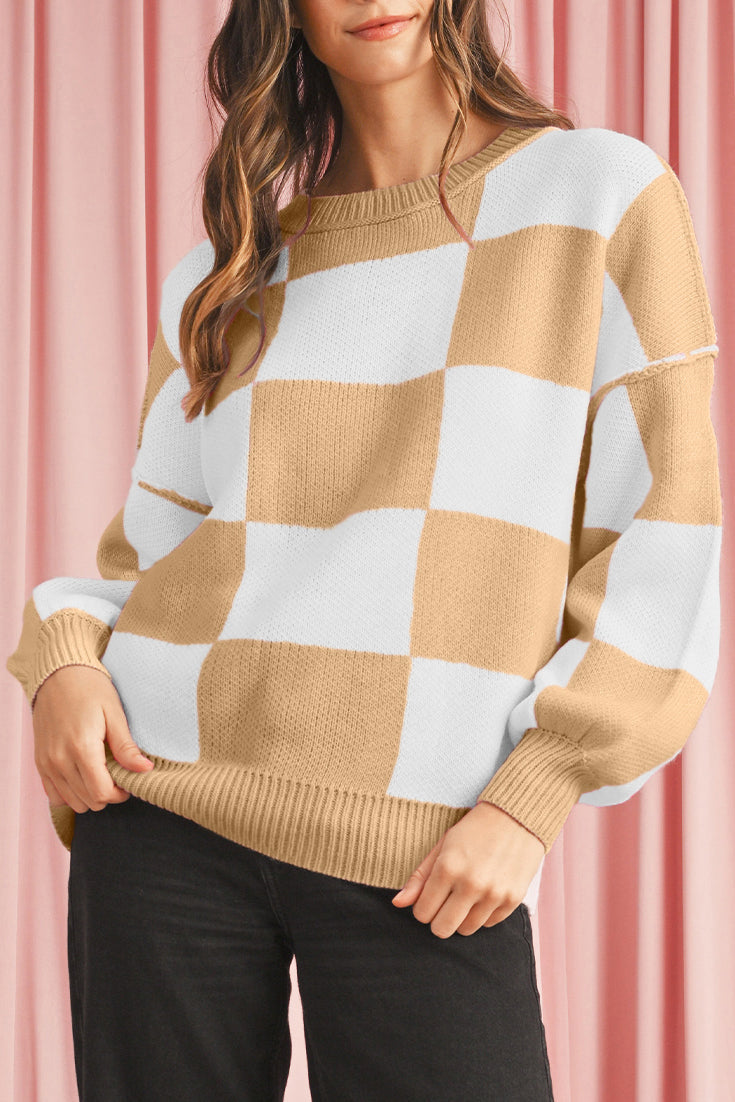 Checkered Bishop Sleeve Pullover Sweater