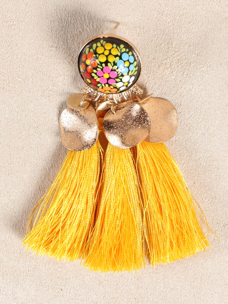 Artisanal Hand-Painted Earrings — Wood-Silk Thread in Yellow