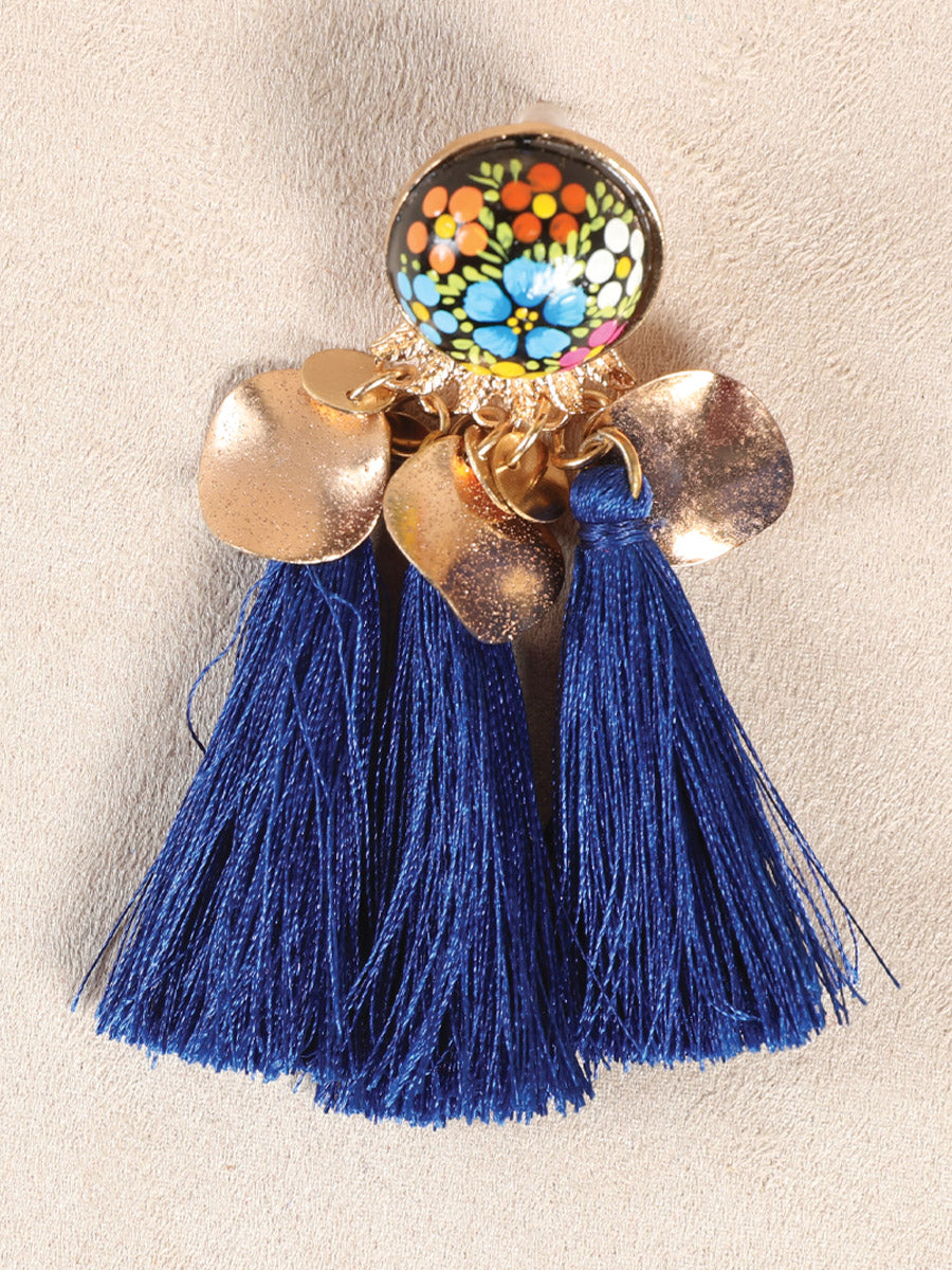 Artisanal Hand-Painted Earrings — Wood-Silk Thread in Royal Blue