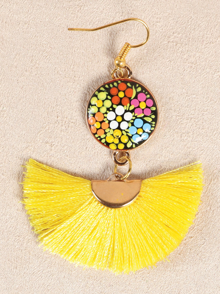 Artisanal Hand-Painted Earrings — Wood-Silk Thread in Yellow
