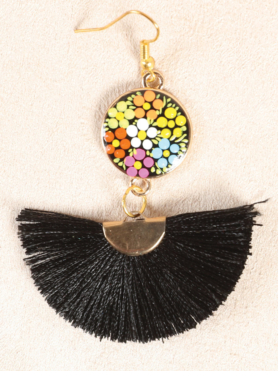 Artisanal Hand-Painted Earrings — Wood-Silk Thread in Black