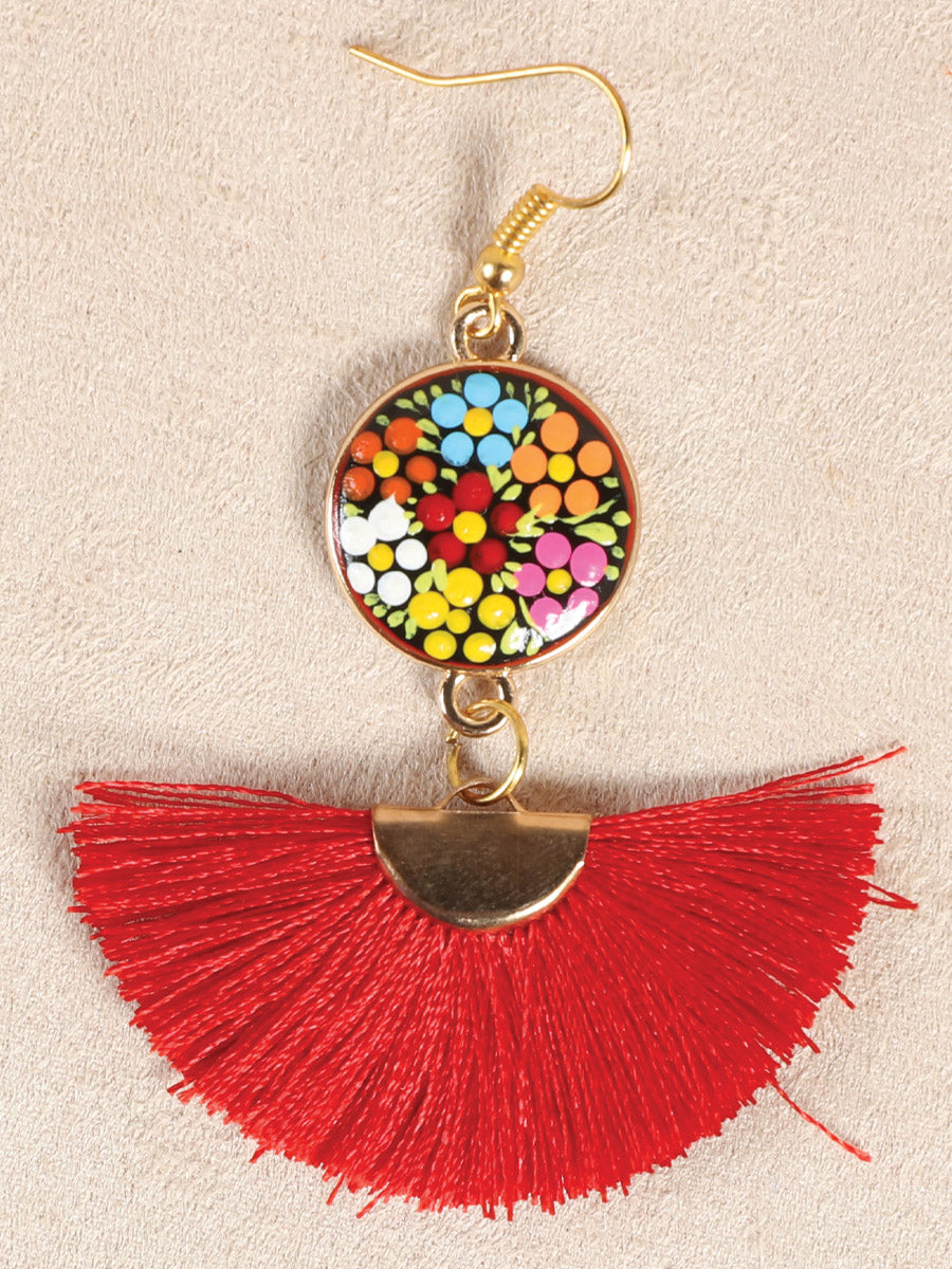 Artisanal Hand-Painted Earrings — Wood-Silk Thread in Red
