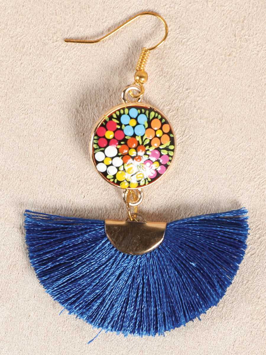 Artisanal Hand-Painted Earrings — Wood-Silk Thread in Royal Blue