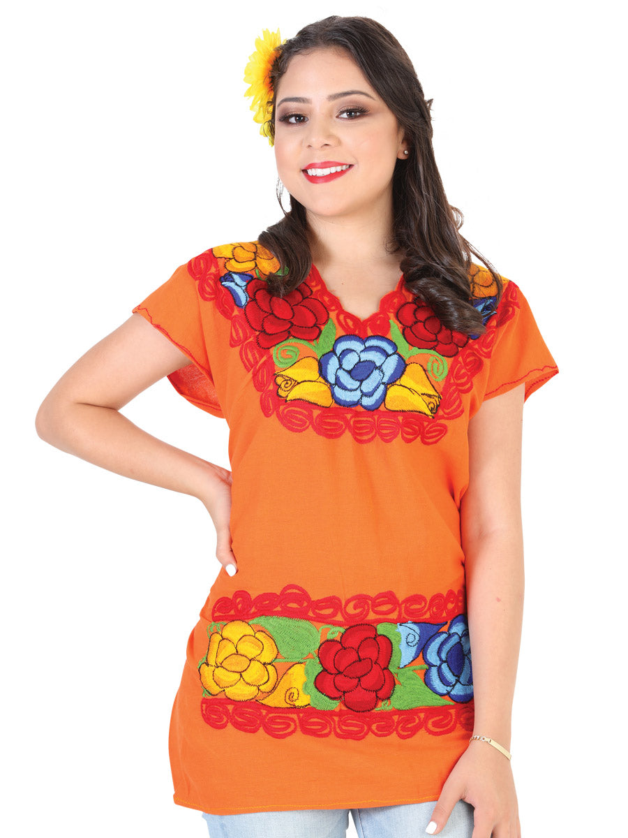 Artisanal Embroidered Blouse 100% Cotton in Orange