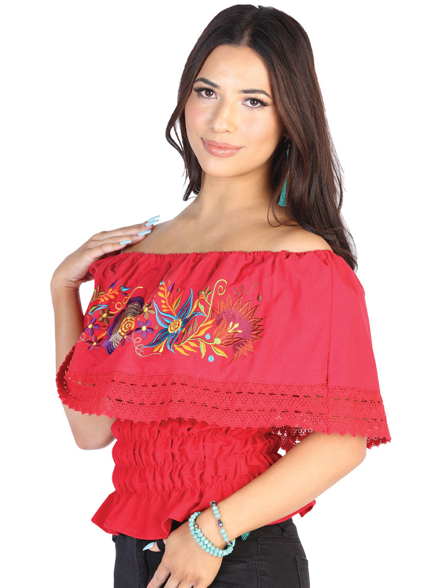 Artisanal Embroidered Blouse 50% Cotton, 50% Polyester in Red