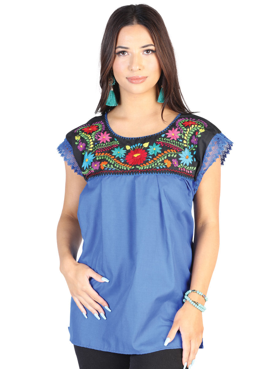 Artisanal Embroidered Blouse 50% Cotton 50% Polyester in Royal Blue